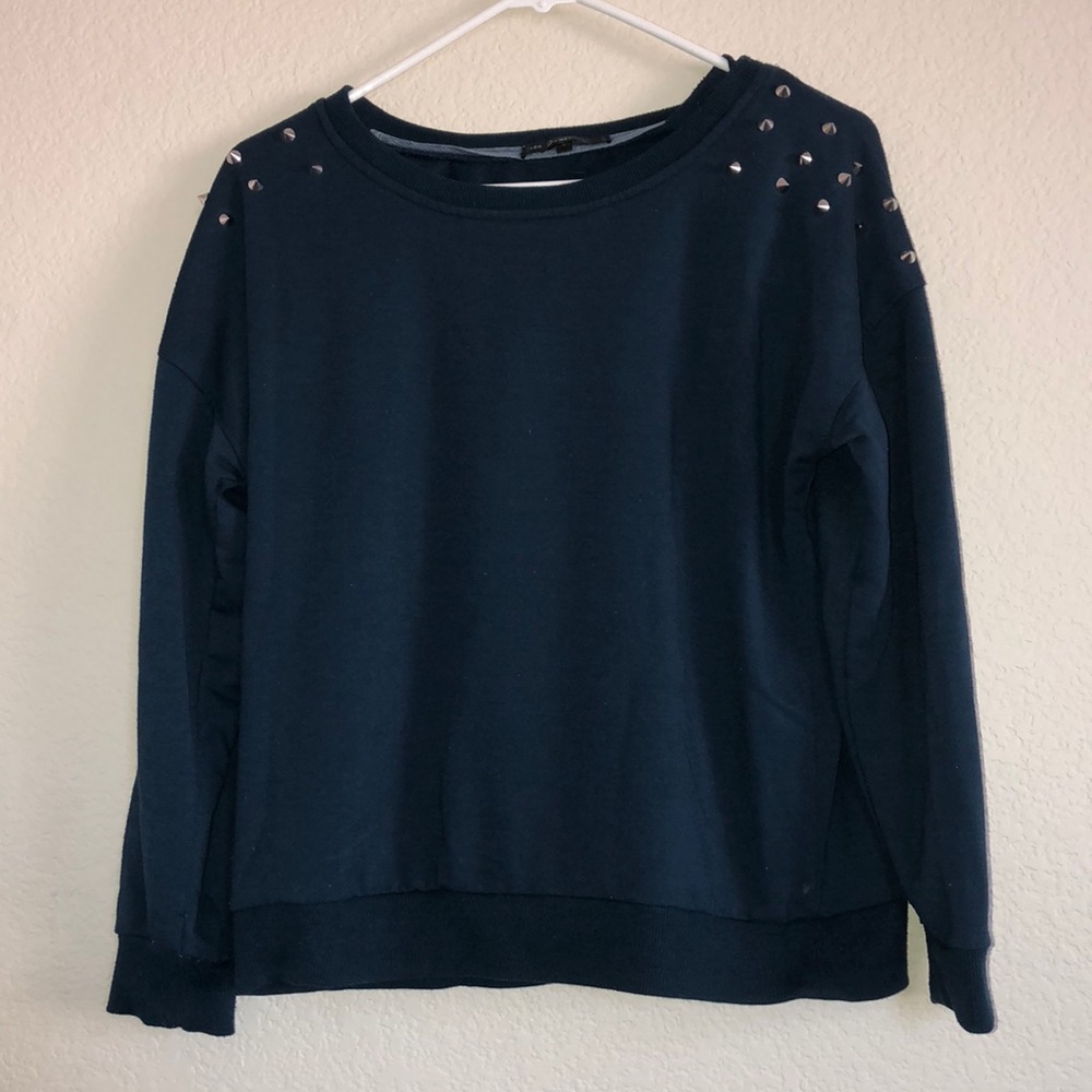 Navy Blue Studded Shoulder Crewneck Sweater